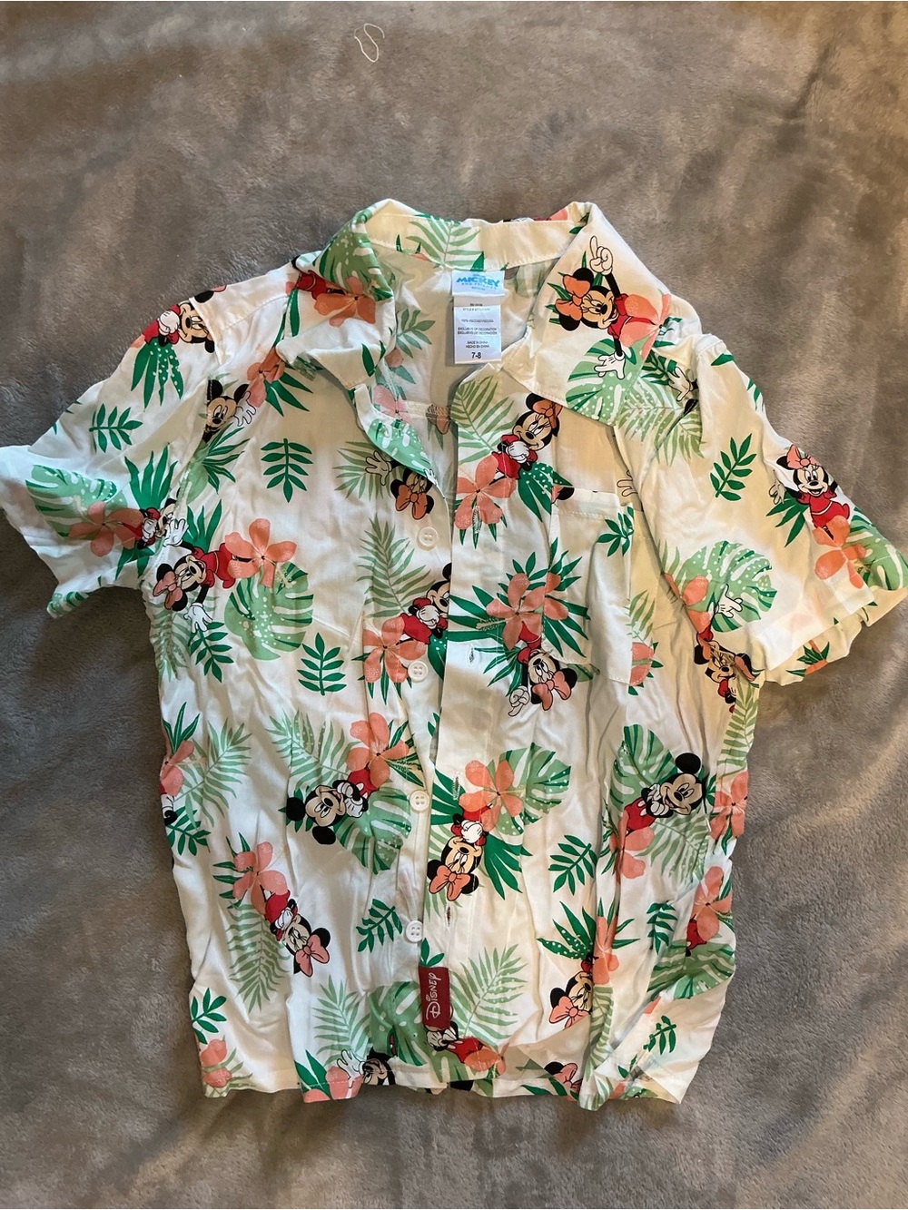Disney Cream Short-Sleeve Button-Down with Green Leaves and Pink Floral Print